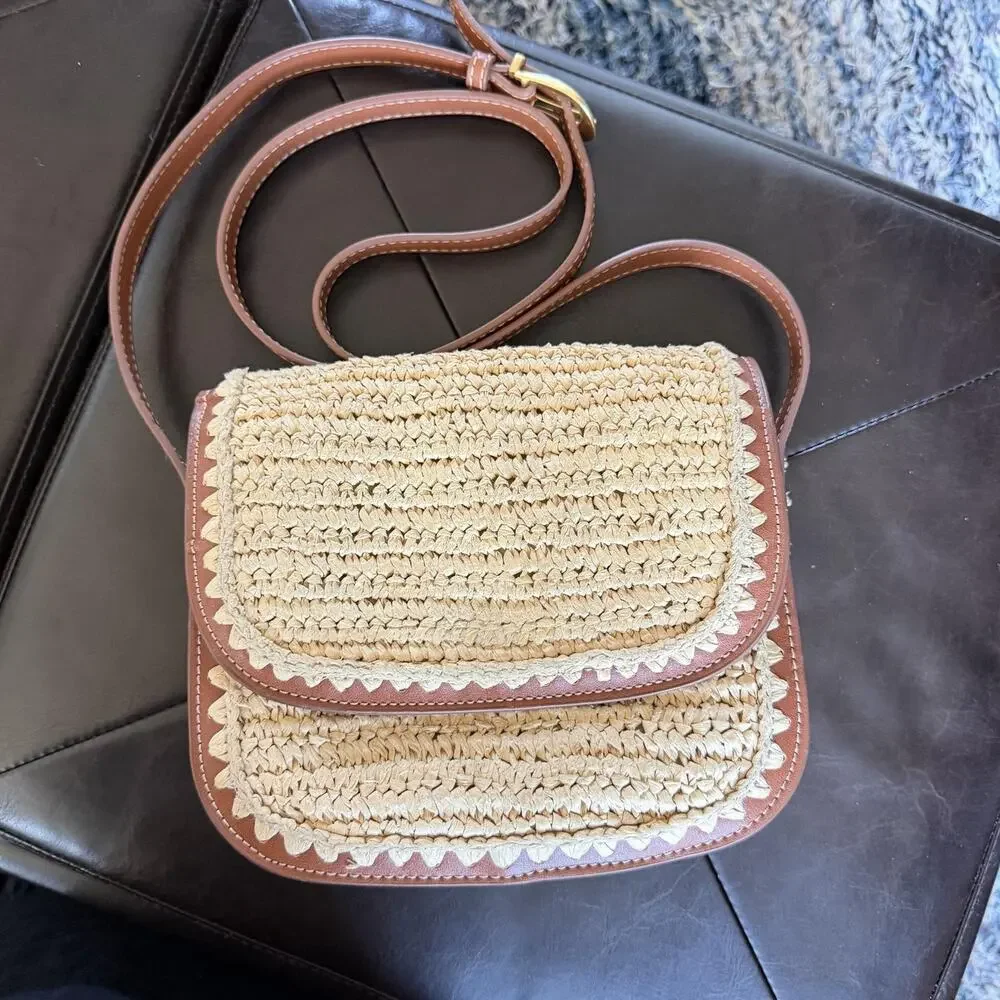 MNG Crossbody Bag Womens Small Beige Straw Brown Trim Scalloped Boho Beach